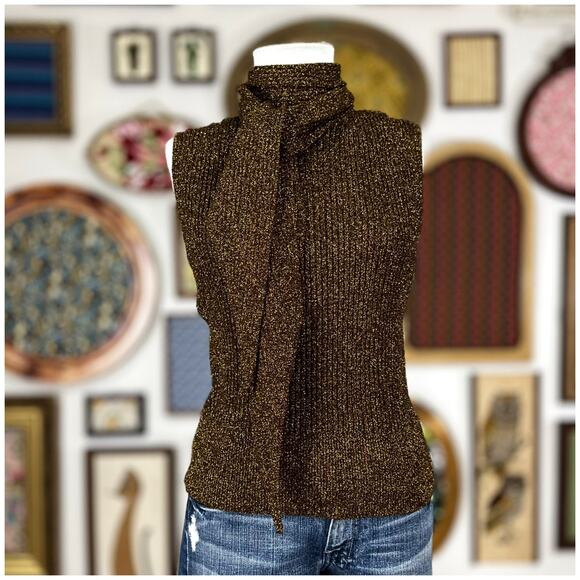 Ganni Metallic Rib Knit Tie Back Top Womens Size XL Gold Black NWT Retail $ 225 - Picture 12 of 16